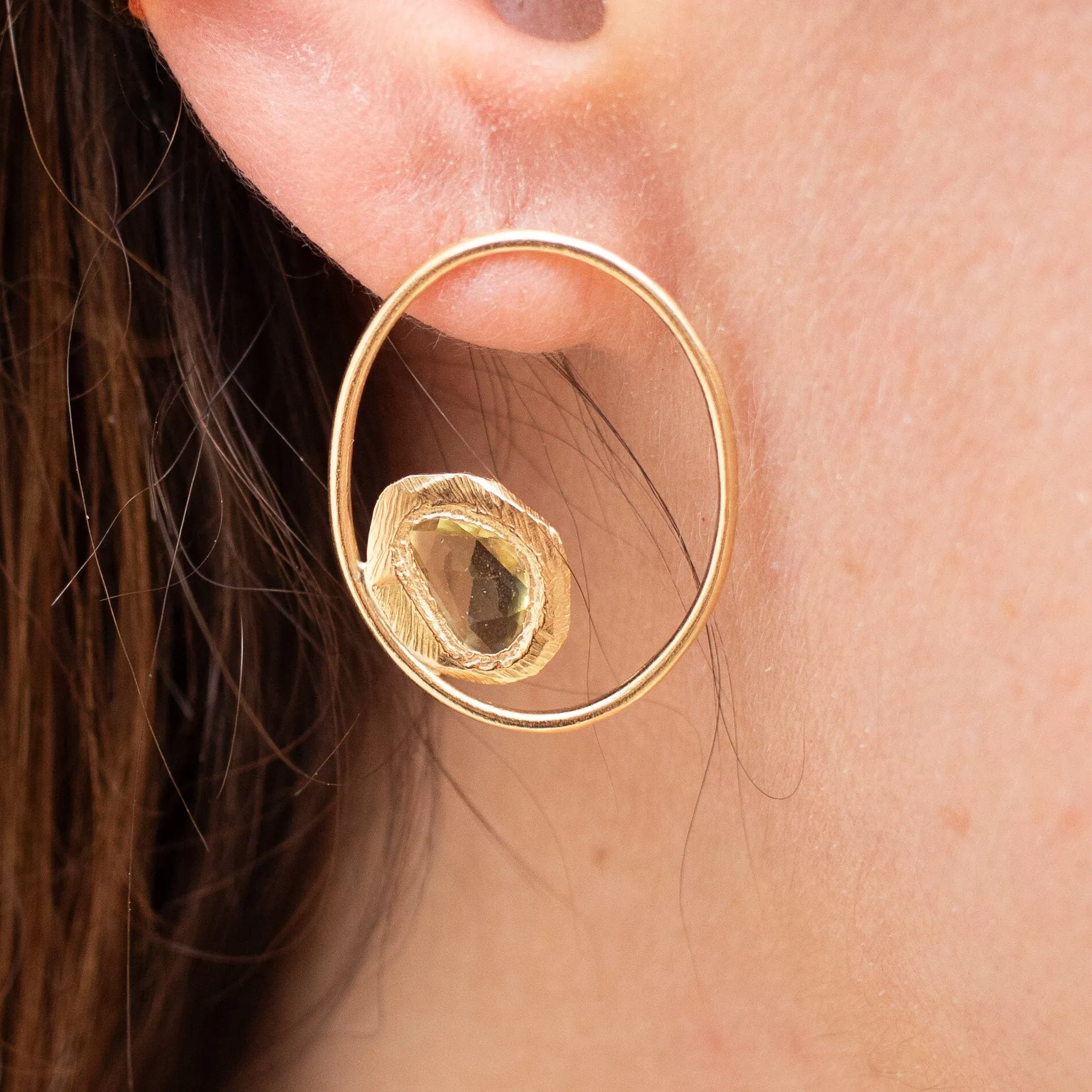18K Large Open Oval Post Earrings with Yellow Sapphire