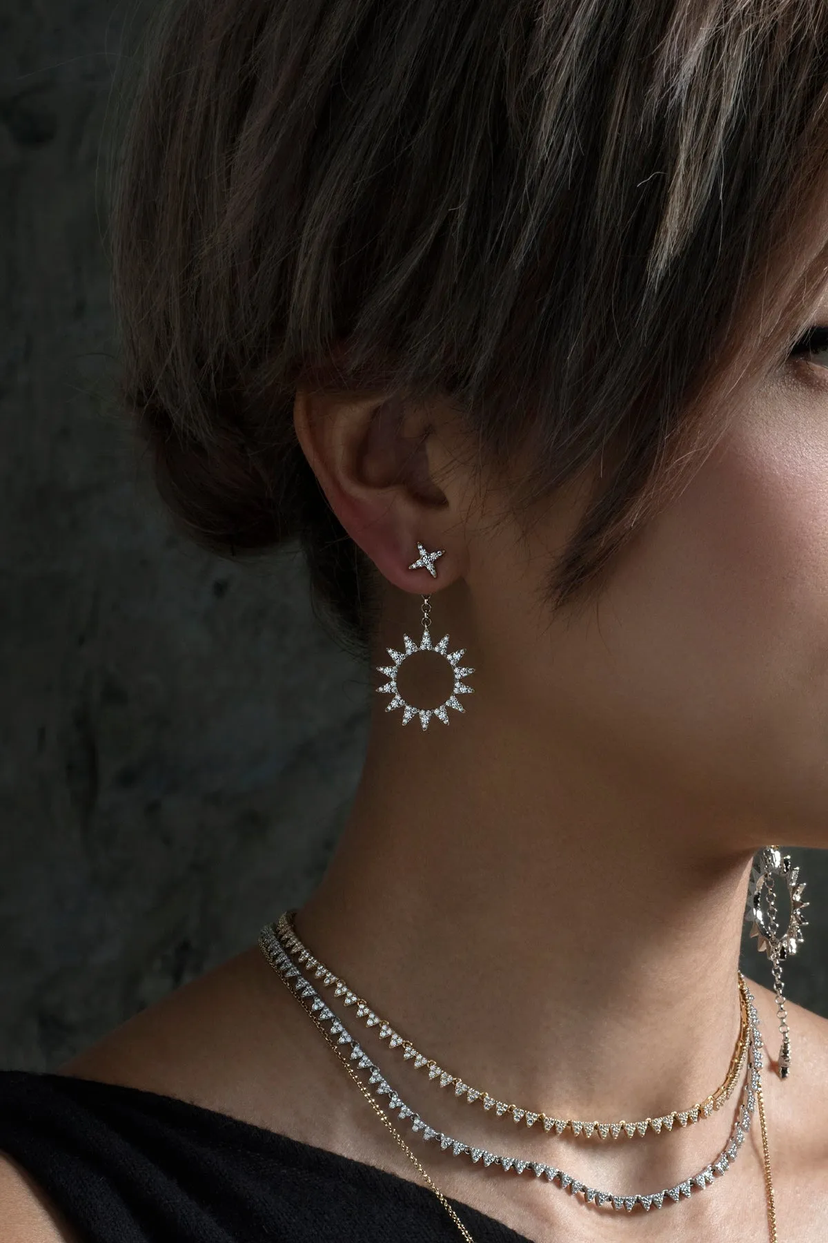 Asymmetric Sun Pendant Earrings - White Silver