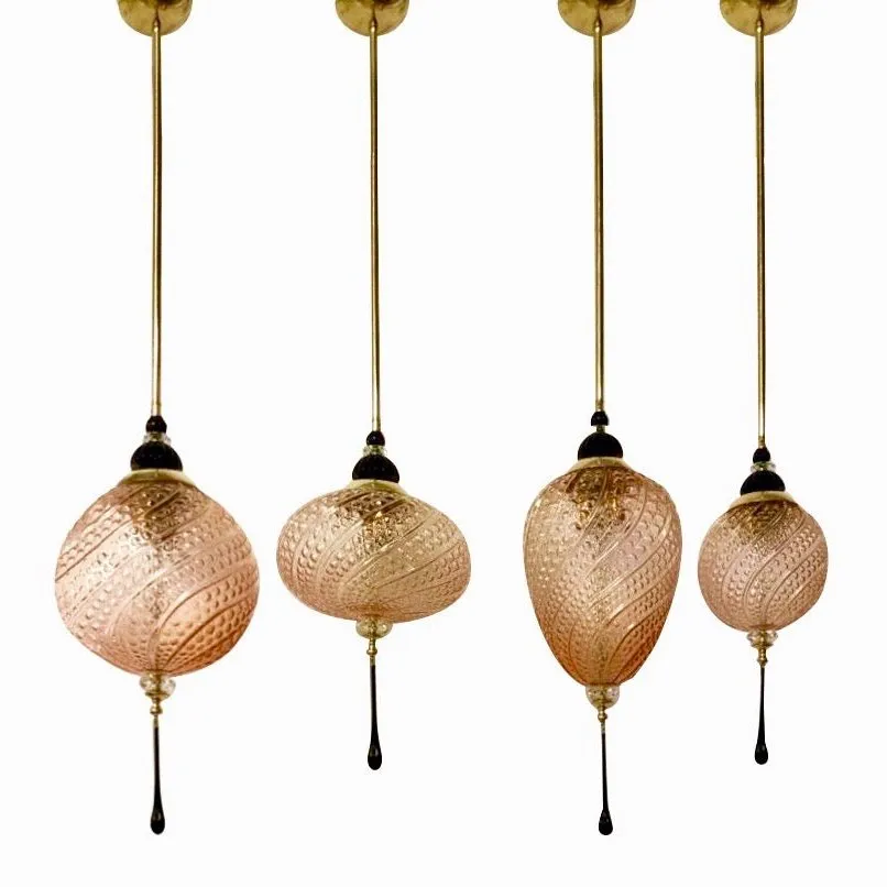 Bespoke Italian Black & Pink Crystal Murano Glass Brass Pendant Big Globe Light