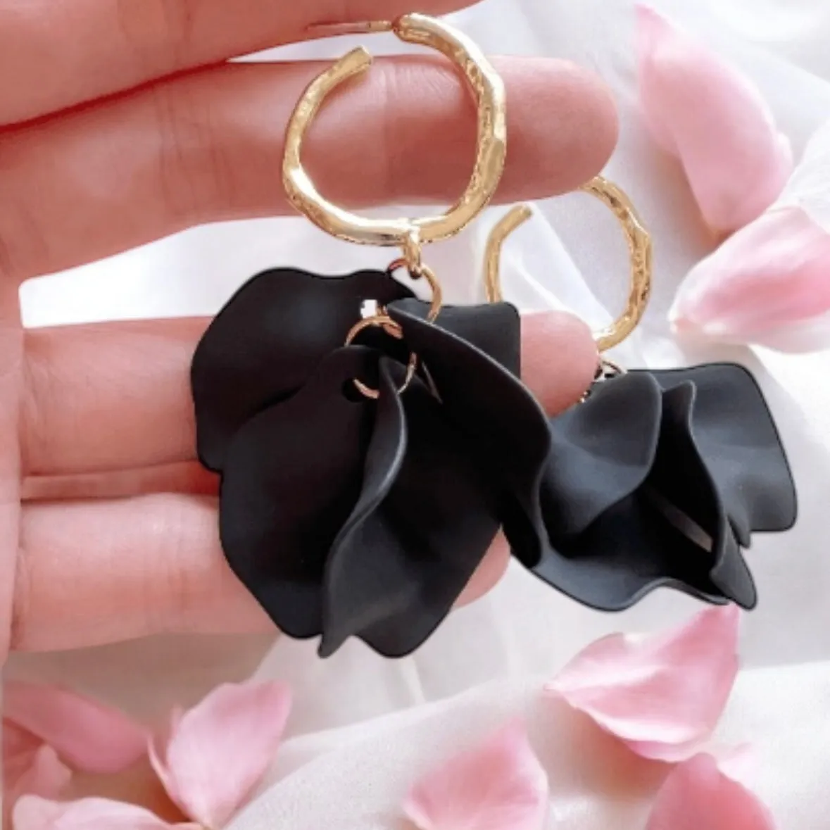 Black - flower earrings | unique dangle petals earrings | golden baroque floral earrings | bridal party wedding earrings
