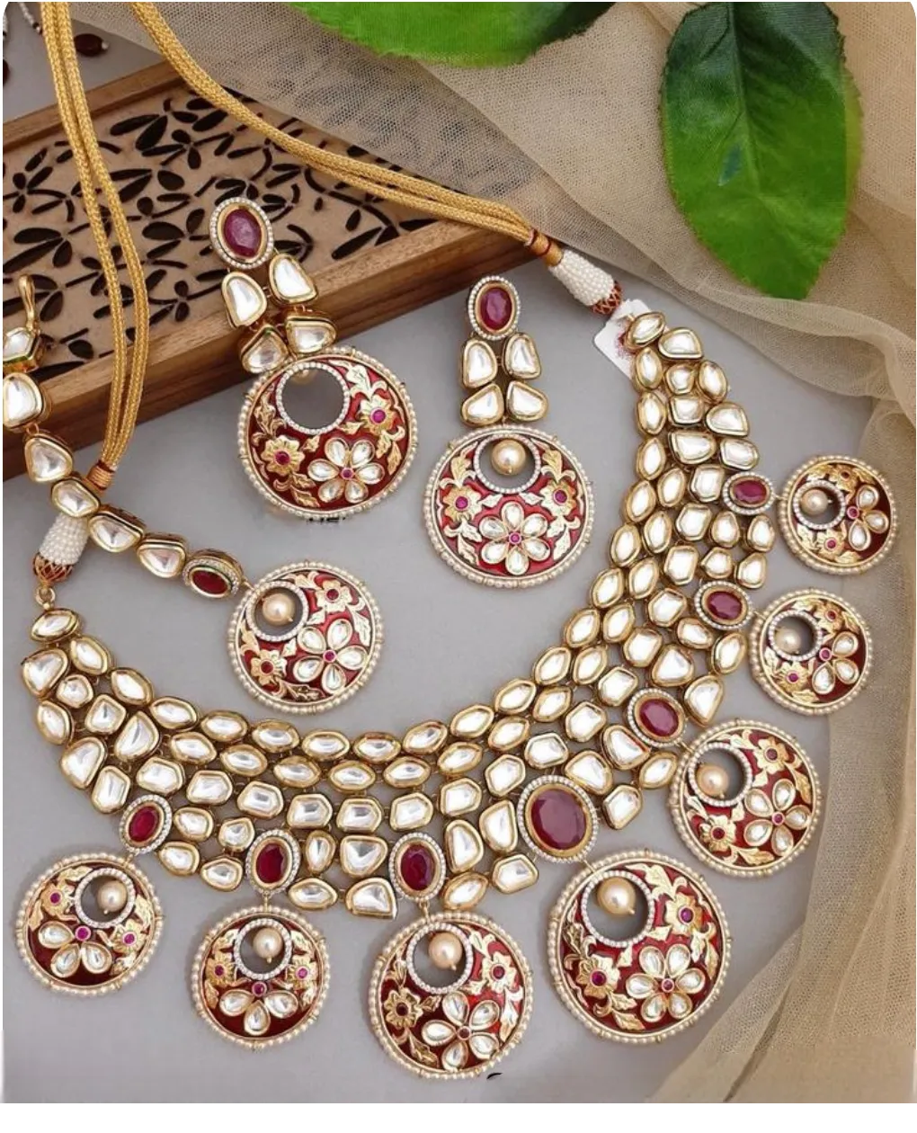 Designer Gold Plated Royal Kundan & Ruby Necklace with Earrings (D376)