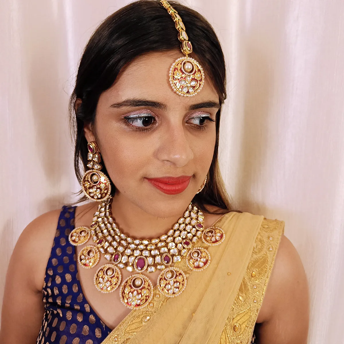 Designer Gold Plated Royal Kundan & Ruby Necklace with Earrings (D376)