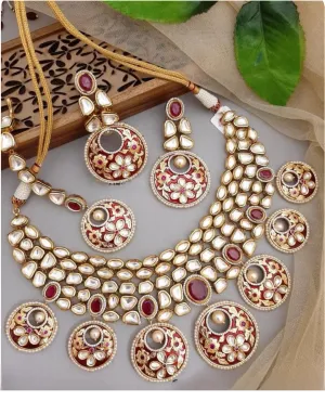 Designer Gold Plated Royal Kundan & Ruby Necklace with Earrings (D376)