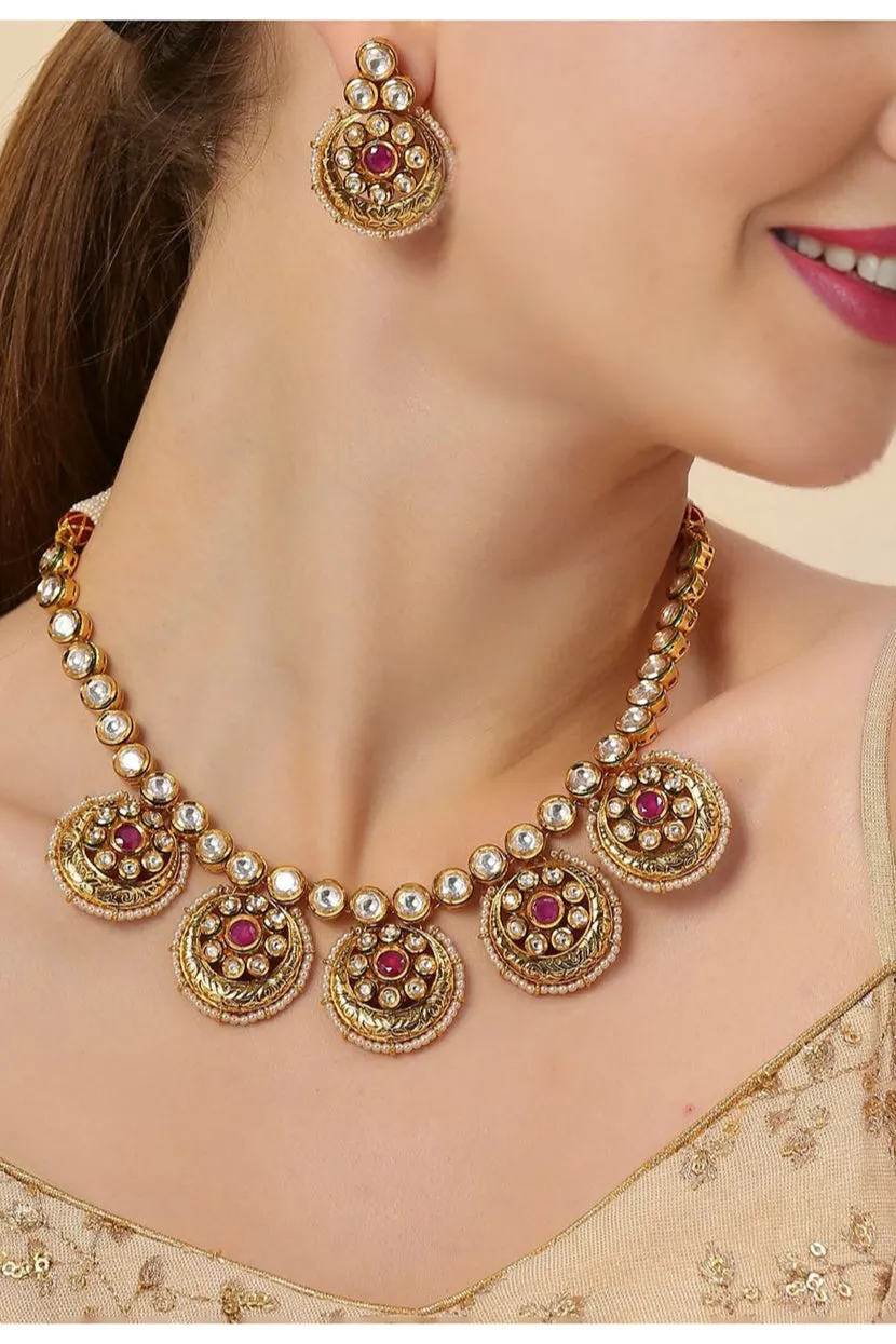 Designer Gold Plated Royal Kundan & Ruby Necklace with Earrings