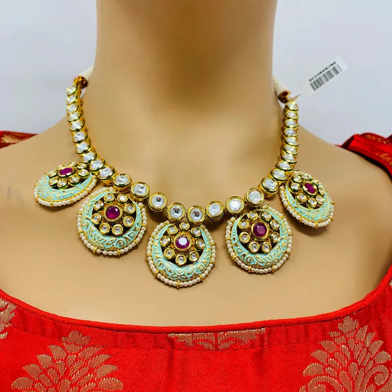 Designer Gold Plated Royal Kundan & Ruby Necklace with Earrings