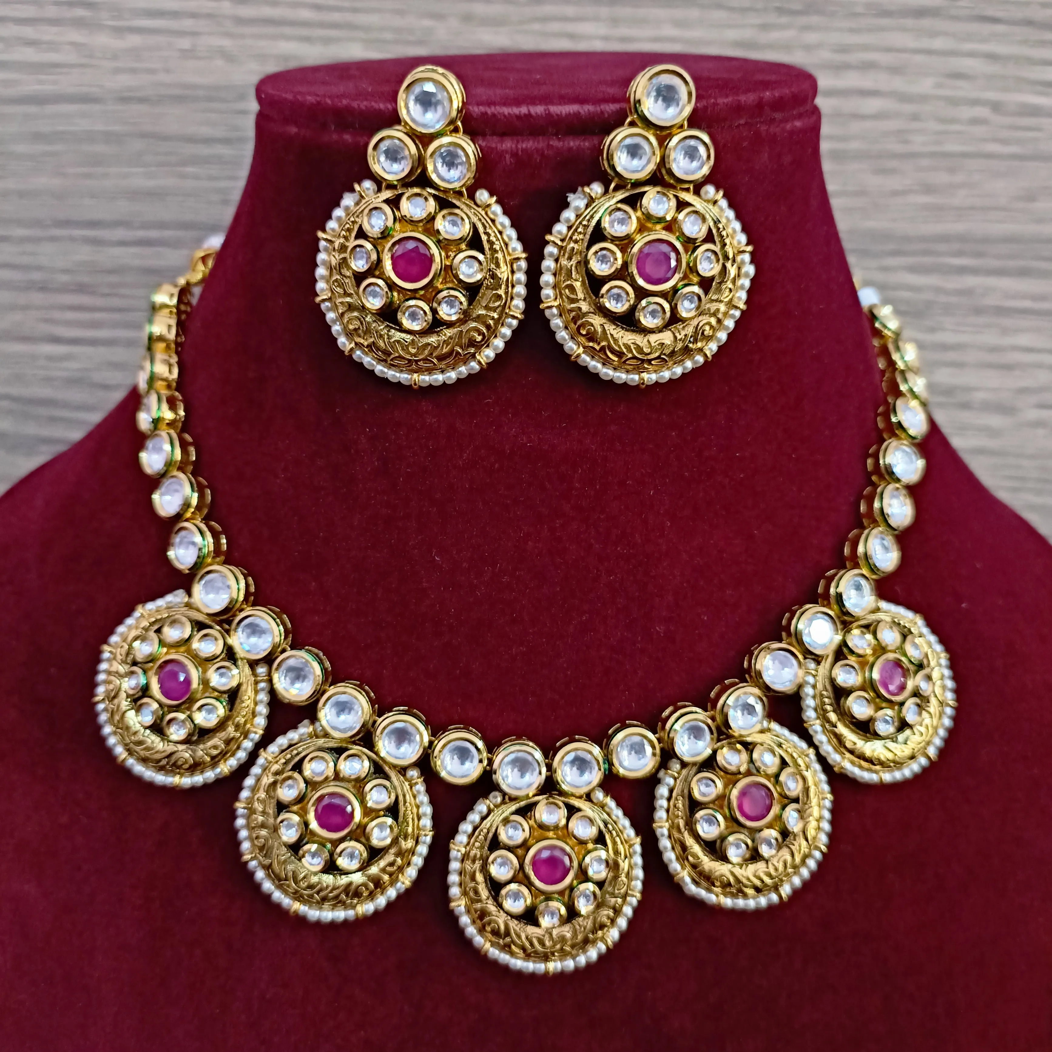 Designer Gold Plated Royal Kundan & Ruby Necklace with Earrings