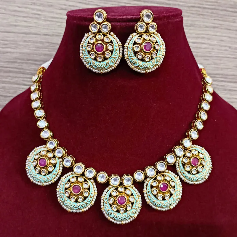 Designer Gold Plated Royal Kundan & Ruby Necklace with Earrings