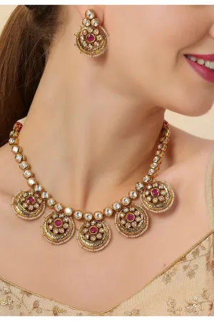 Designer Gold Plated Royal Kundan & Ruby Necklace with Earrings