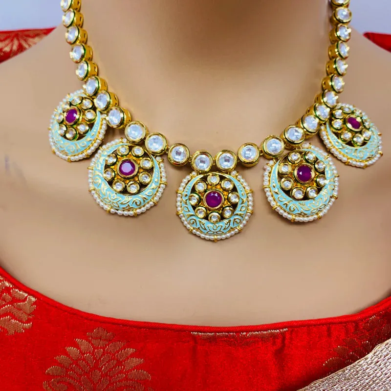 Designer Gold Plated Royal Kundan & Ruby Necklace with Earrings