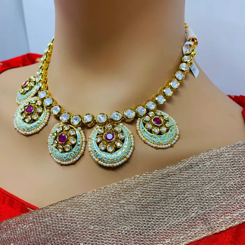 Designer Gold Plated Royal Kundan & Ruby Necklace with Earrings