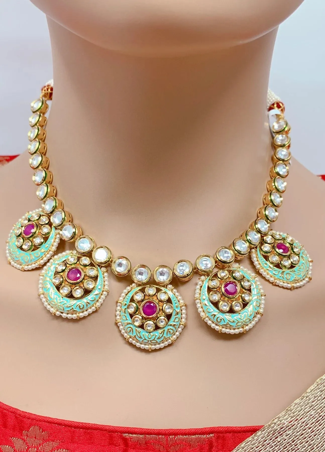 Designer Gold Plated Royal Kundan & Ruby Necklace with Earrings