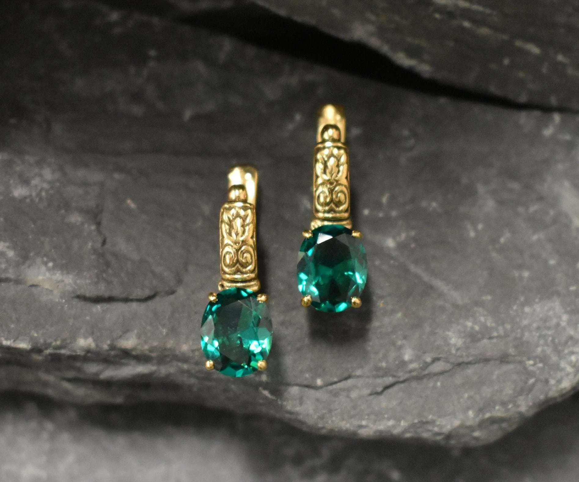 Gold Emerald Earrings - Long Green Earrings, Drop Emerald Earrings