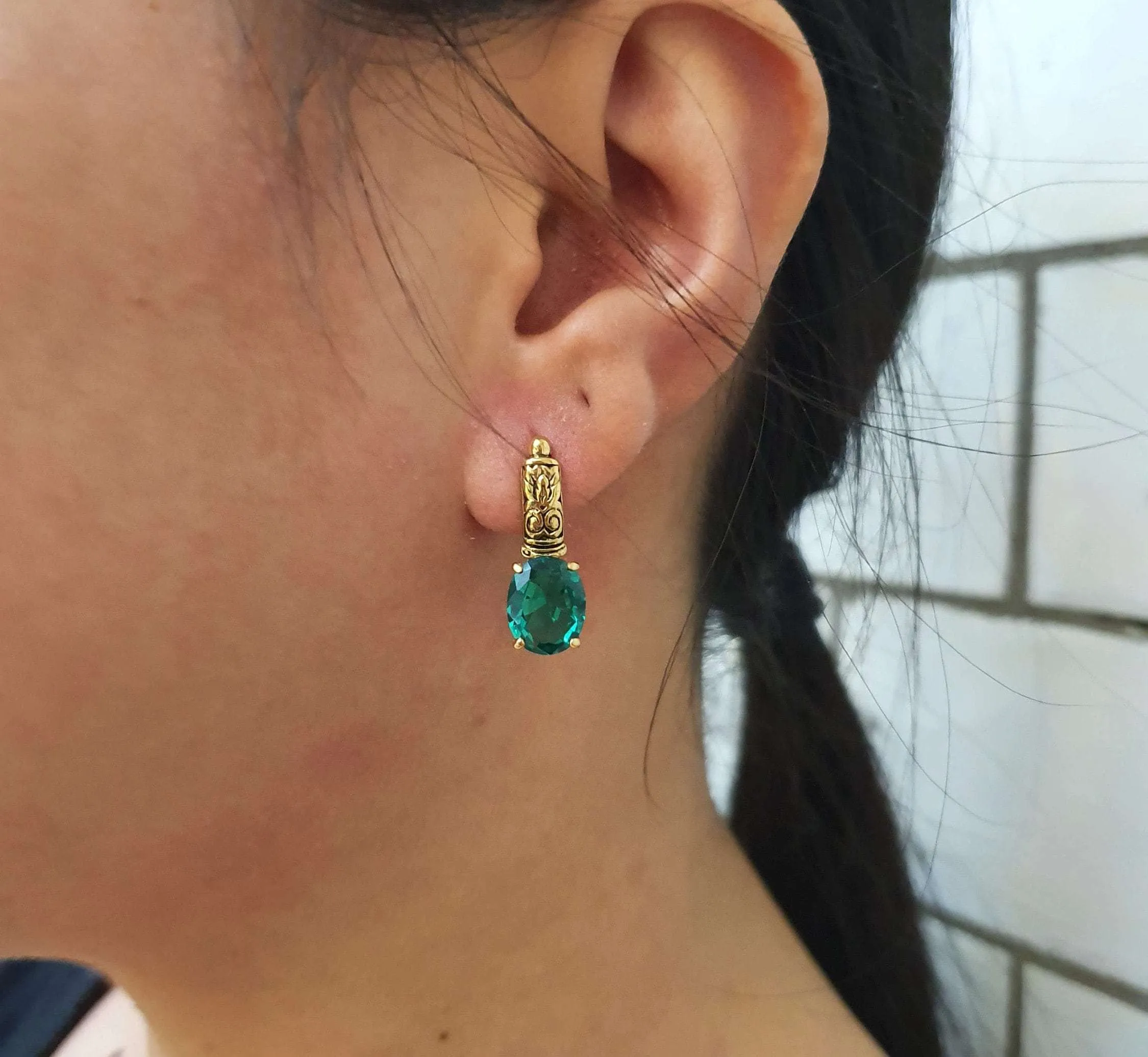 Gold Emerald Earrings - Long Green Earrings, Drop Emerald Earrings