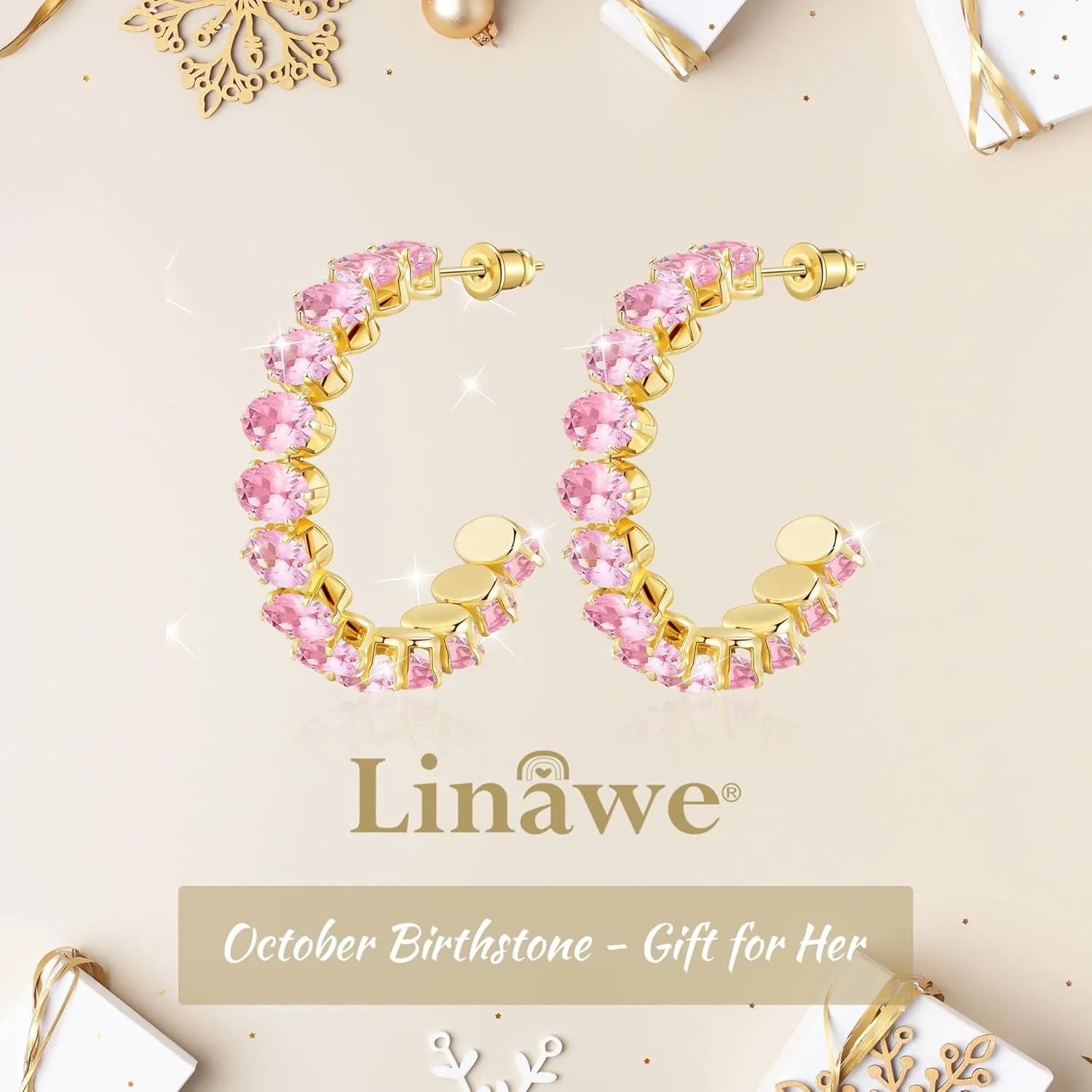 Linawe Hypoallergenic Stainless Steel Chunky Hoop Earrings for Women, Gold/Silver Tones, Birthstone Rhinestone Imitation Diamond Crystal Cubic Zirconia Large Half Hoop Earrings