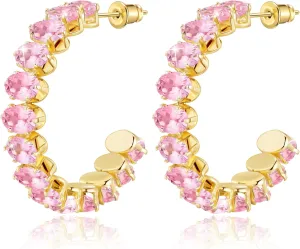 Linawe Hypoallergenic Stainless Steel Chunky Hoop Earrings for Women, Gold/Silver Tones, Birthstone Rhinestone Imitation Diamond Crystal Cubic Zirconia Large Half Hoop Earrings