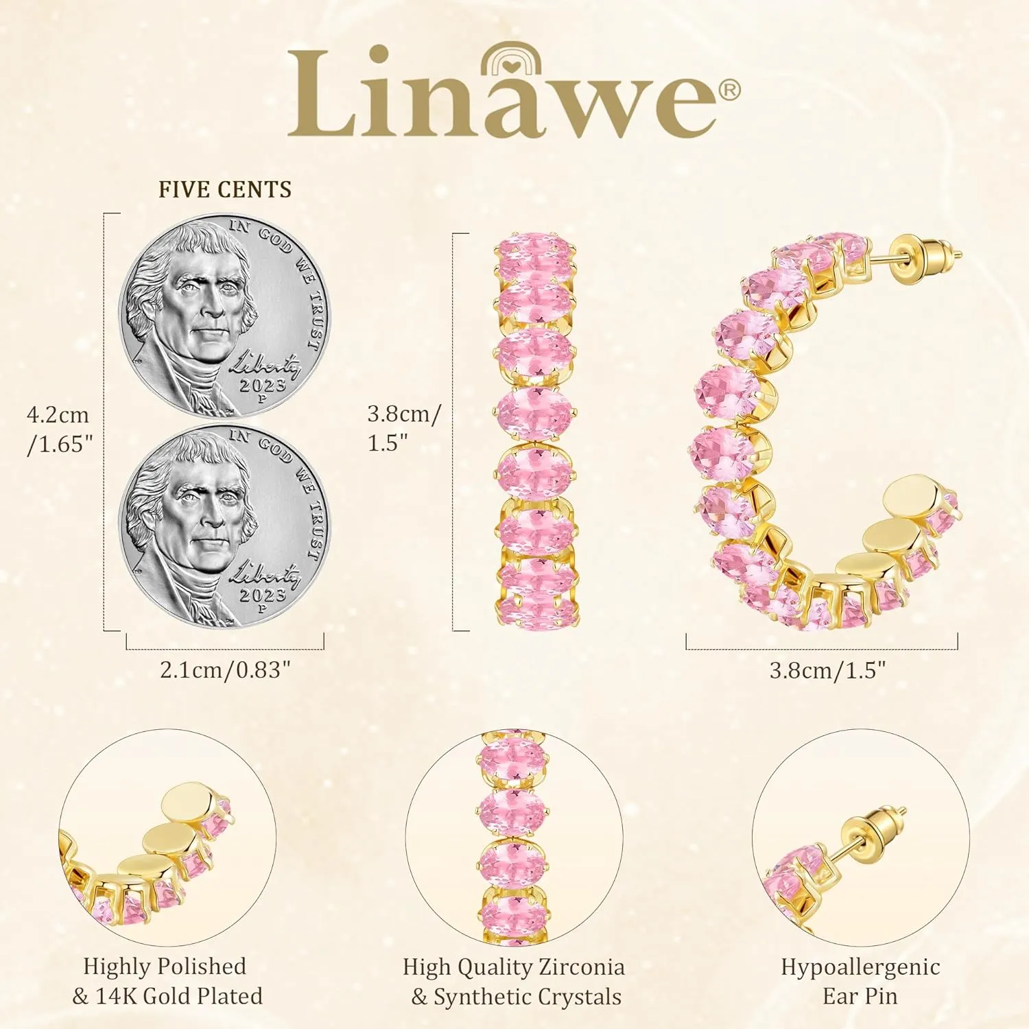 Linawe Hypoallergenic Stainless Steel Chunky Hoop Earrings for Women, Gold/Silver Tones, Birthstone Rhinestone Imitation Diamond Crystal Cubic Zirconia Large Half Hoop Earrings