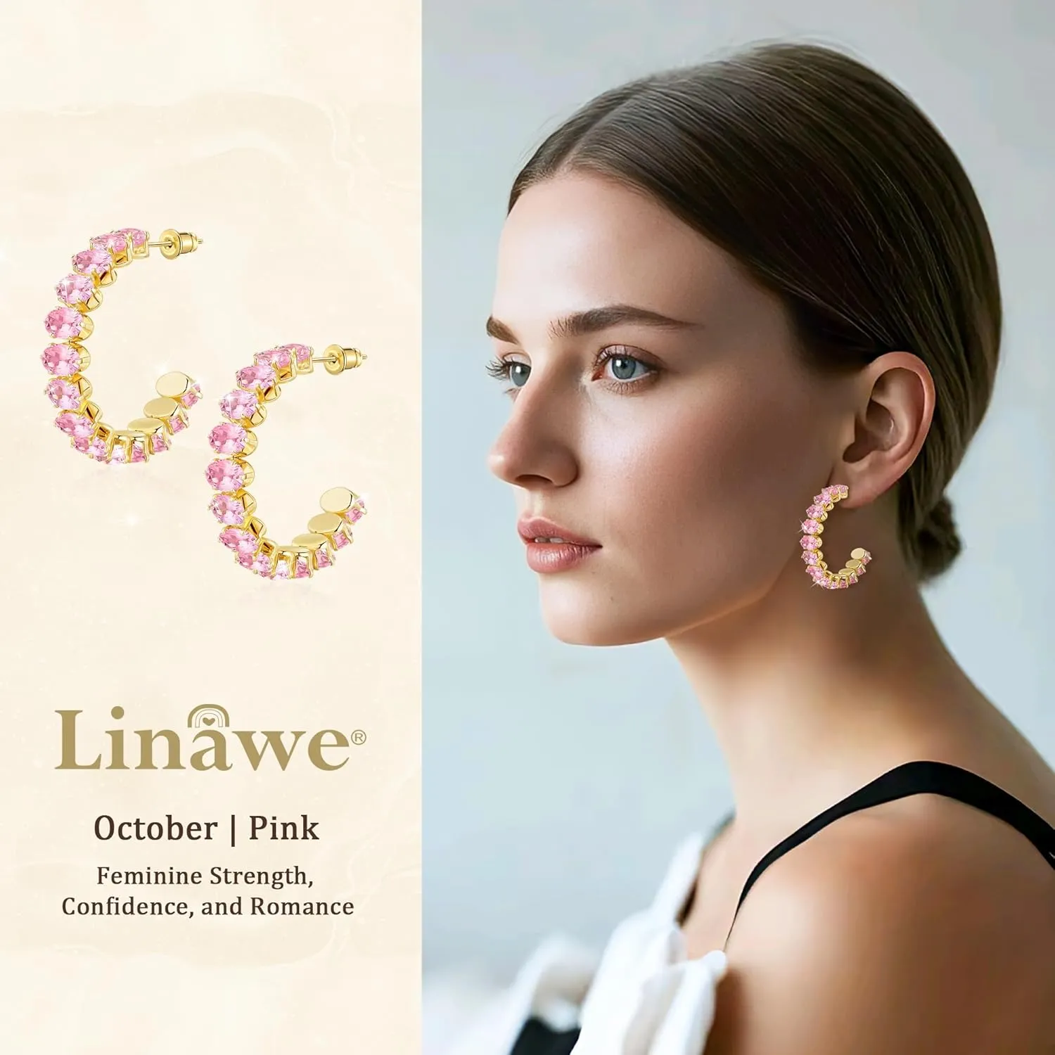 Linawe Hypoallergenic Stainless Steel Chunky Hoop Earrings for Women, Gold/Silver Tones, Birthstone Rhinestone Imitation Diamond Crystal Cubic Zirconia Large Half Hoop Earrings