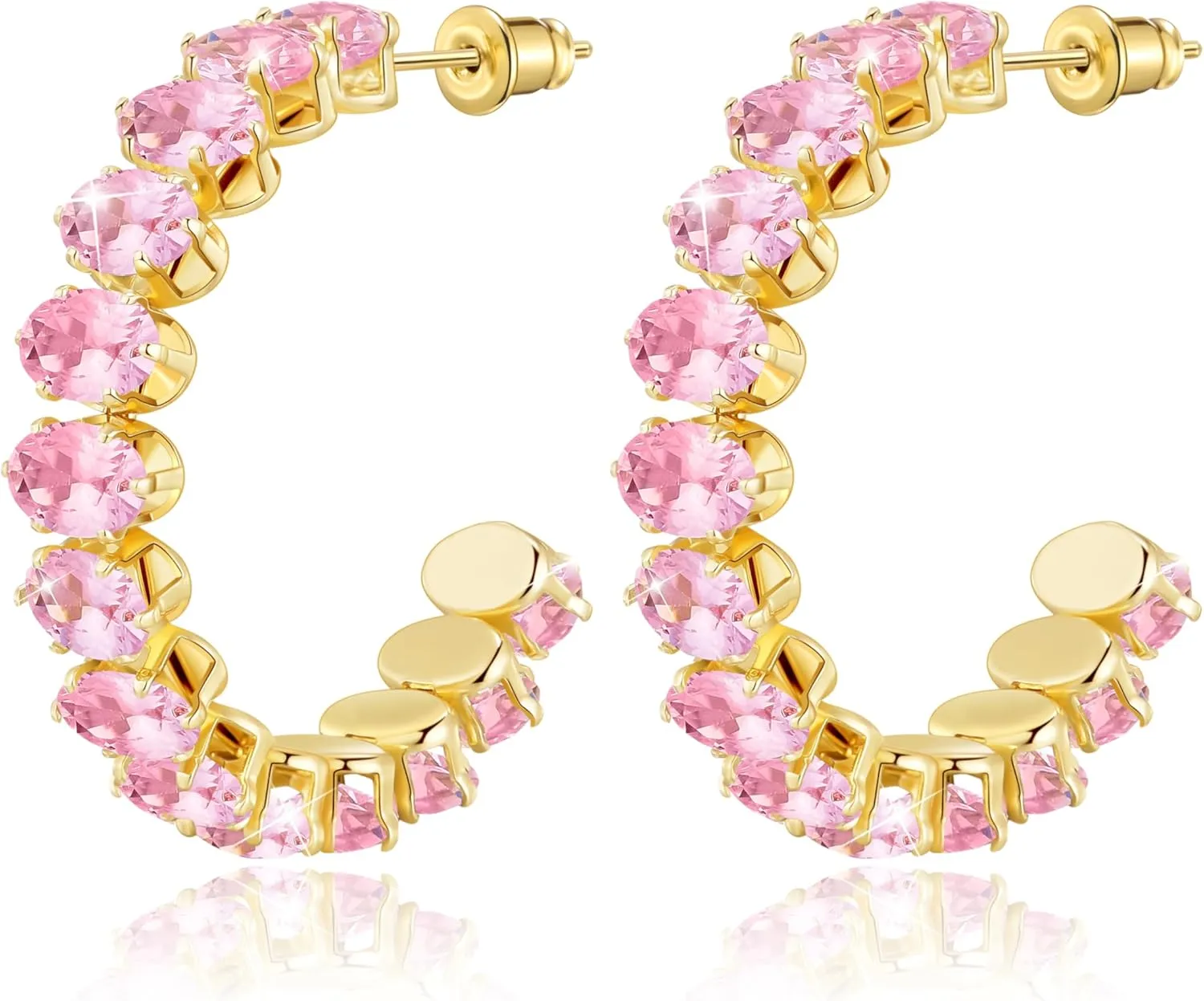 Linawe Hypoallergenic Stainless Steel Chunky Hoop Earrings for Women, Gold/Silver Tones, Birthstone Rhinestone Imitation Diamond Crystal Cubic Zirconia Large Half Hoop Earrings