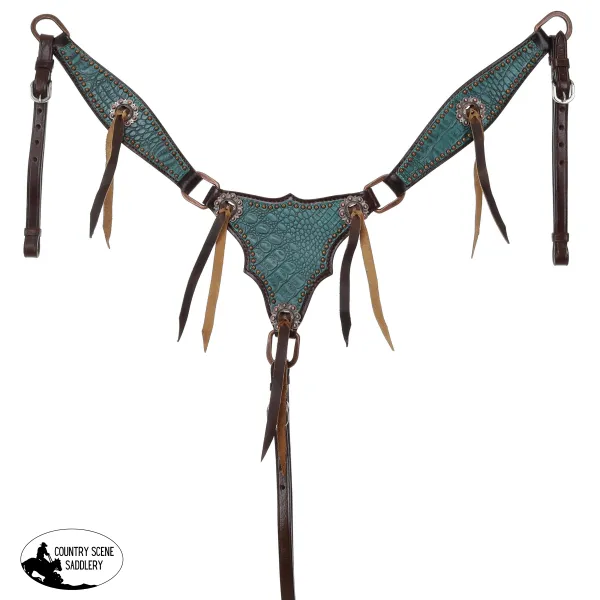 New! Showman Turquoise Gator One Ear Headstall and Breastcollar Set