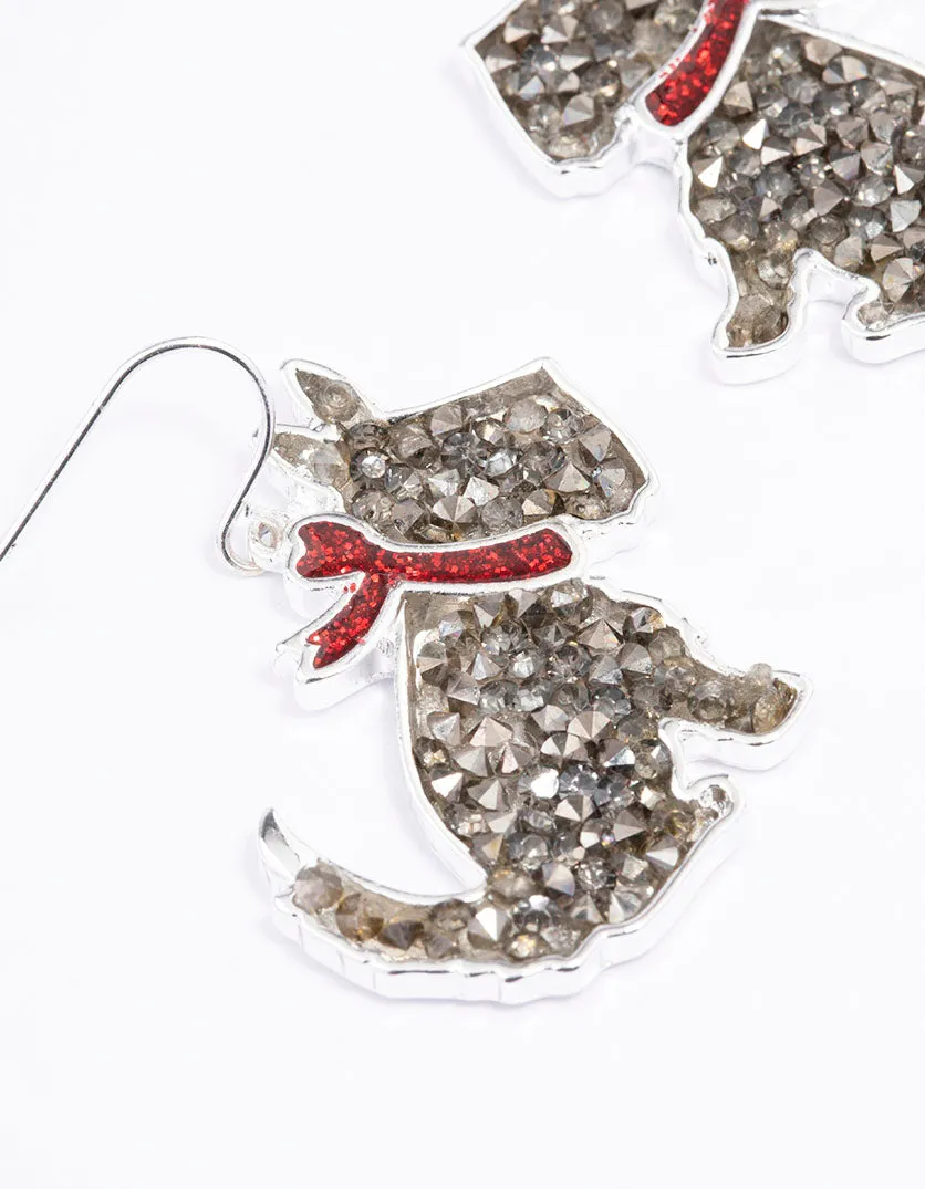 Silver Glitter Christmas Dog Drop Earrings