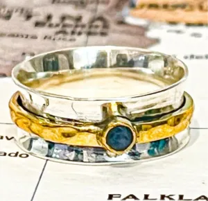 Simple Sterling Meditation Ring with Brass Band & Labradorite Stone - India