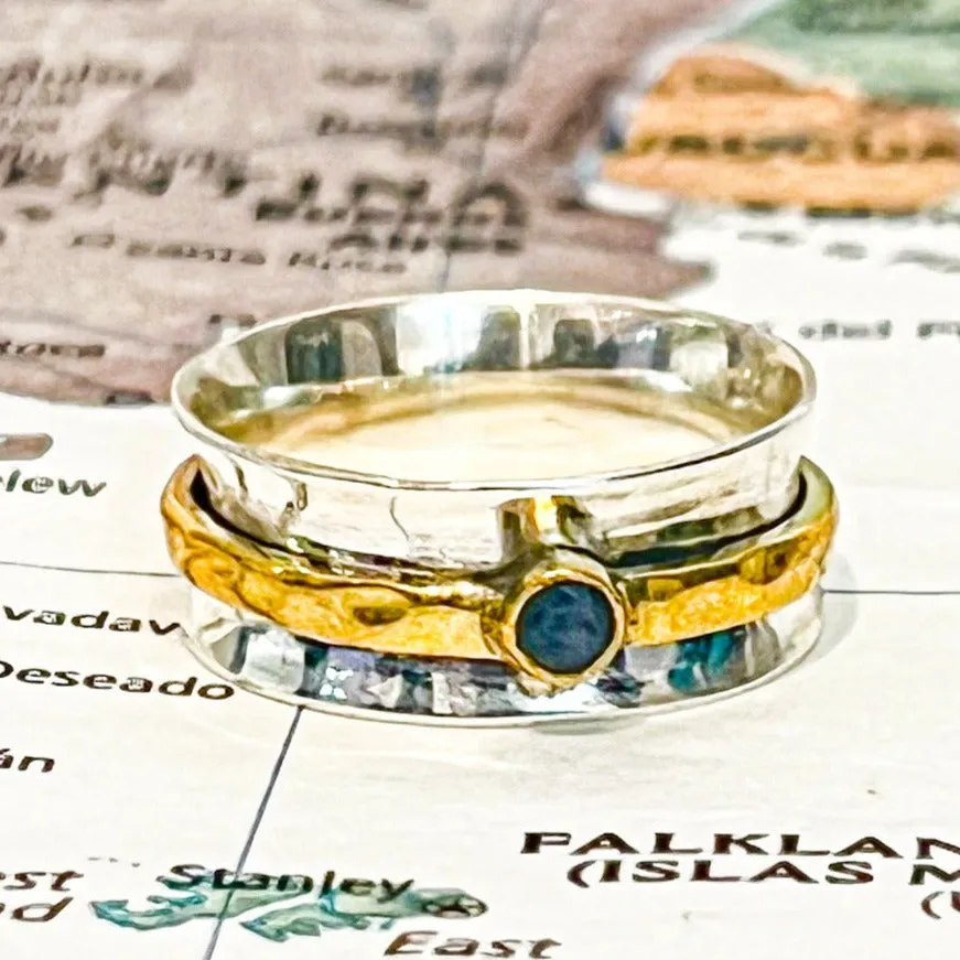 Simple Sterling Meditation Ring with Brass Band & Labradorite Stone - India