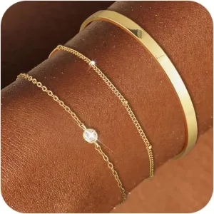 Tewiky Stackable Bracelets for Women-14K Gold Plated Dainty Bangle Stack Trendy Tennis Cuff Diamond Chain Bracelet Set Non Tarnish Jewelry