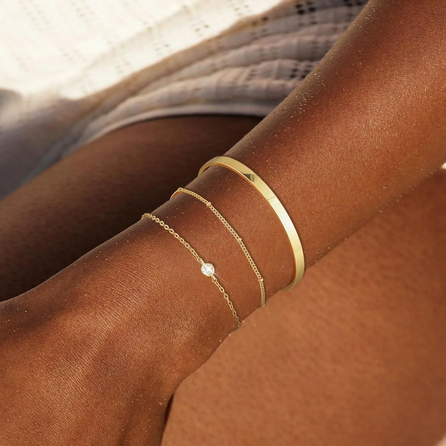 Tewiky Stackable Bracelets for Women-14K Gold Plated Dainty Bangle Stack Trendy Tennis Cuff Diamond Chain Bracelet Set Non Tarnish Jewelry