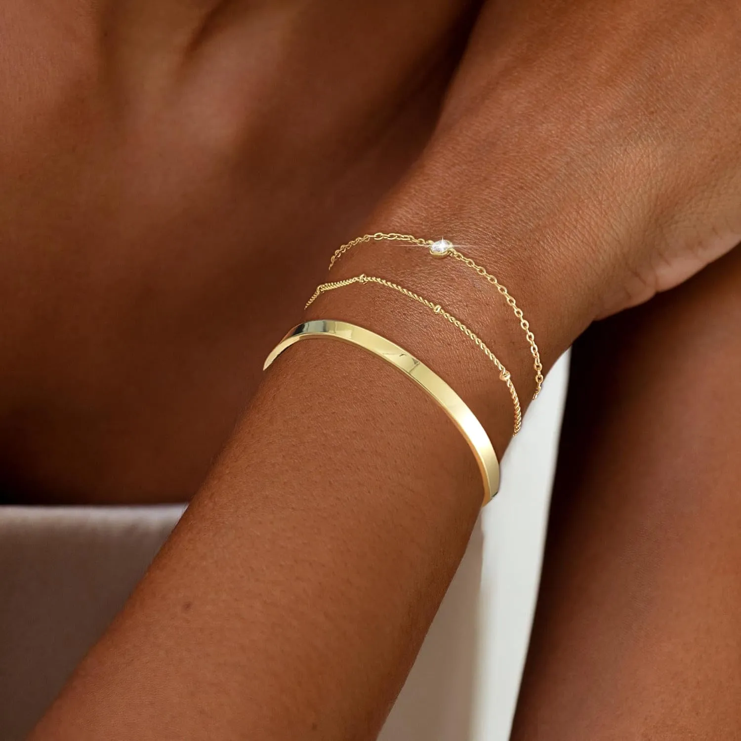 Tewiky Stackable Bracelets for Women-14K Gold Plated Dainty Bangle Stack Trendy Tennis Cuff Diamond Chain Bracelet Set Non Tarnish Jewelry