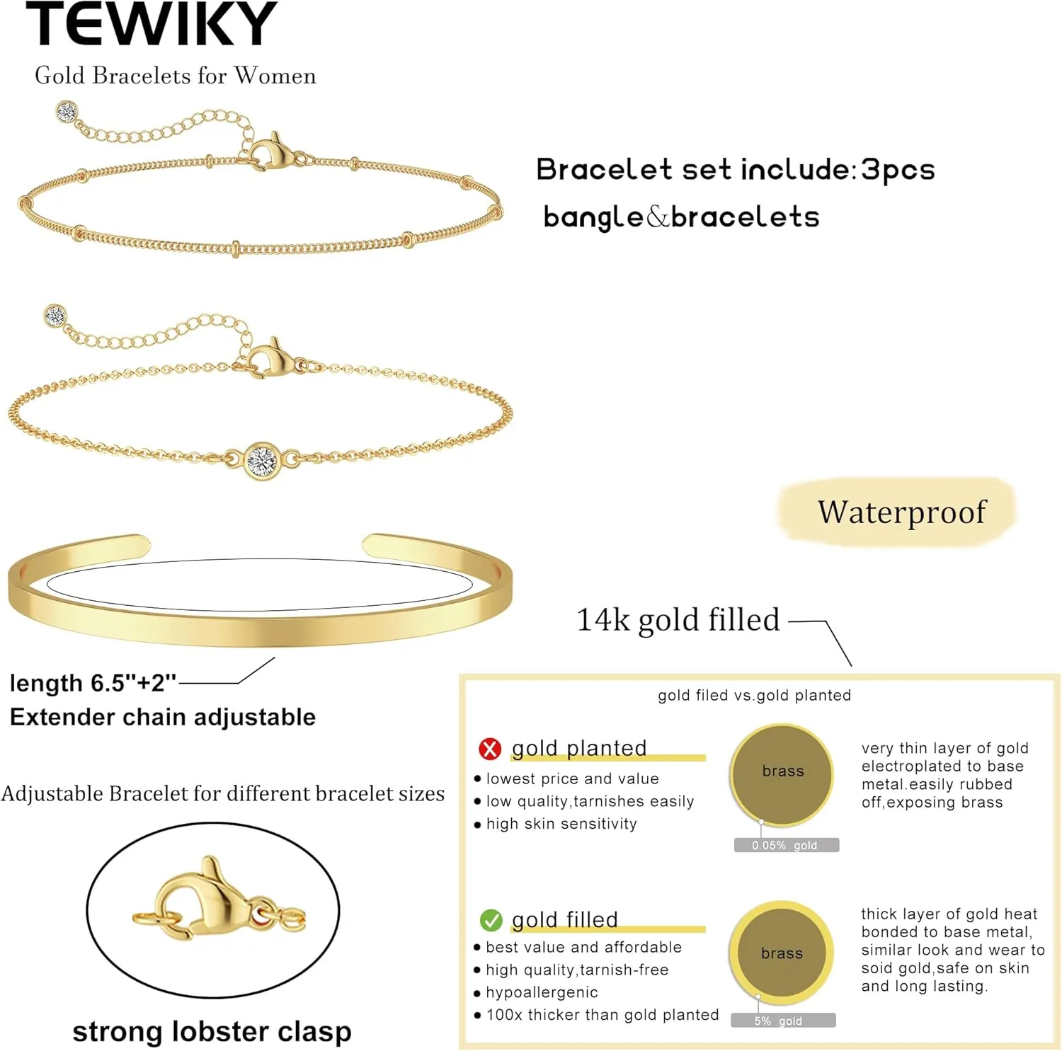 Tewiky Stackable Bracelets for Women-14K Gold Plated Dainty Bangle Stack Trendy Tennis Cuff Diamond Chain Bracelet Set Non Tarnish Jewelry