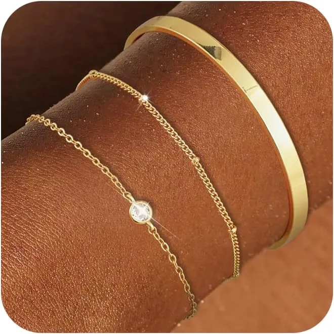 Tewiky Stackable Bracelets for Women-14K Gold Plated Dainty Bangle Stack Trendy Tennis Cuff Diamond Chain Bracelet Set Non Tarnish Jewelry