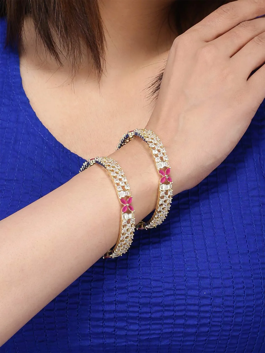 Yellow Chimes Elegant Floral Design AD/American Diamond Studded 18k Gold Plated Classic 2 PCs Handcrafted Bangles Set for Women & Girls (2.4)