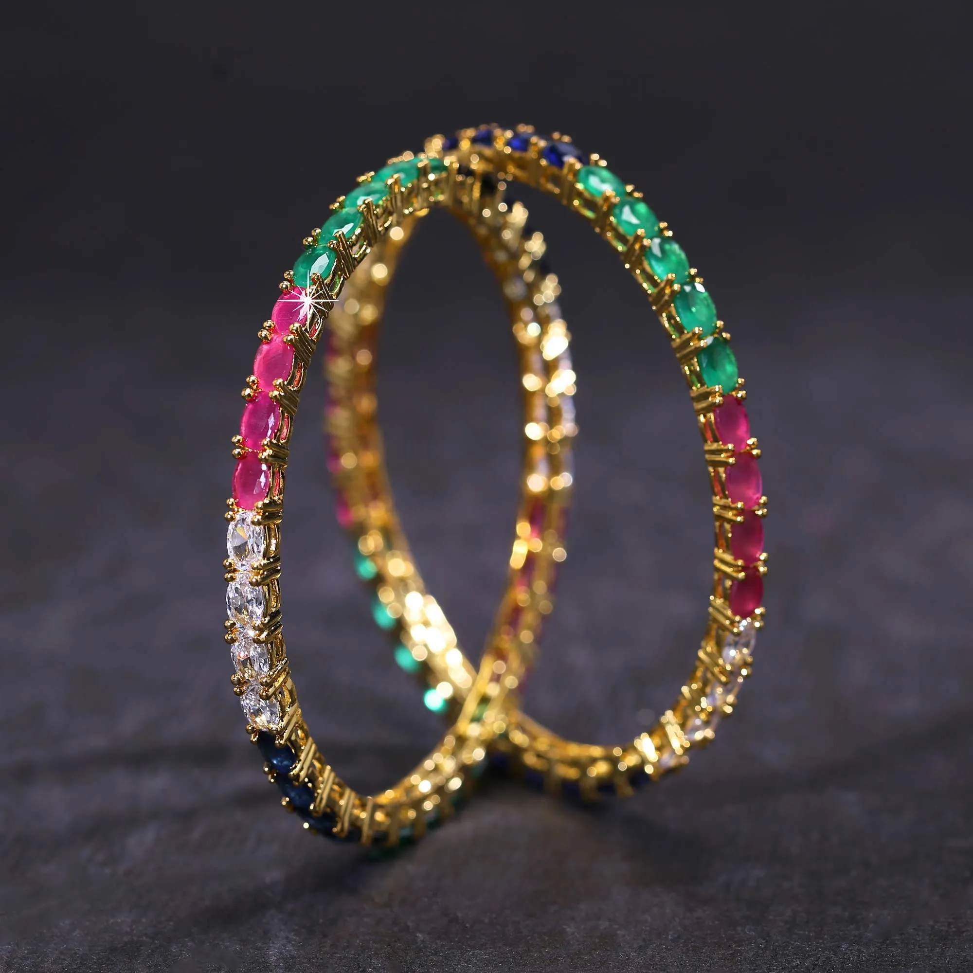 Yellow Chimes Elegant Multicolor AD/American Diamond Studded 18k Gold Plated Classic 2 PCs Handcrafted Bangles Set for Women & Girls (2.4)