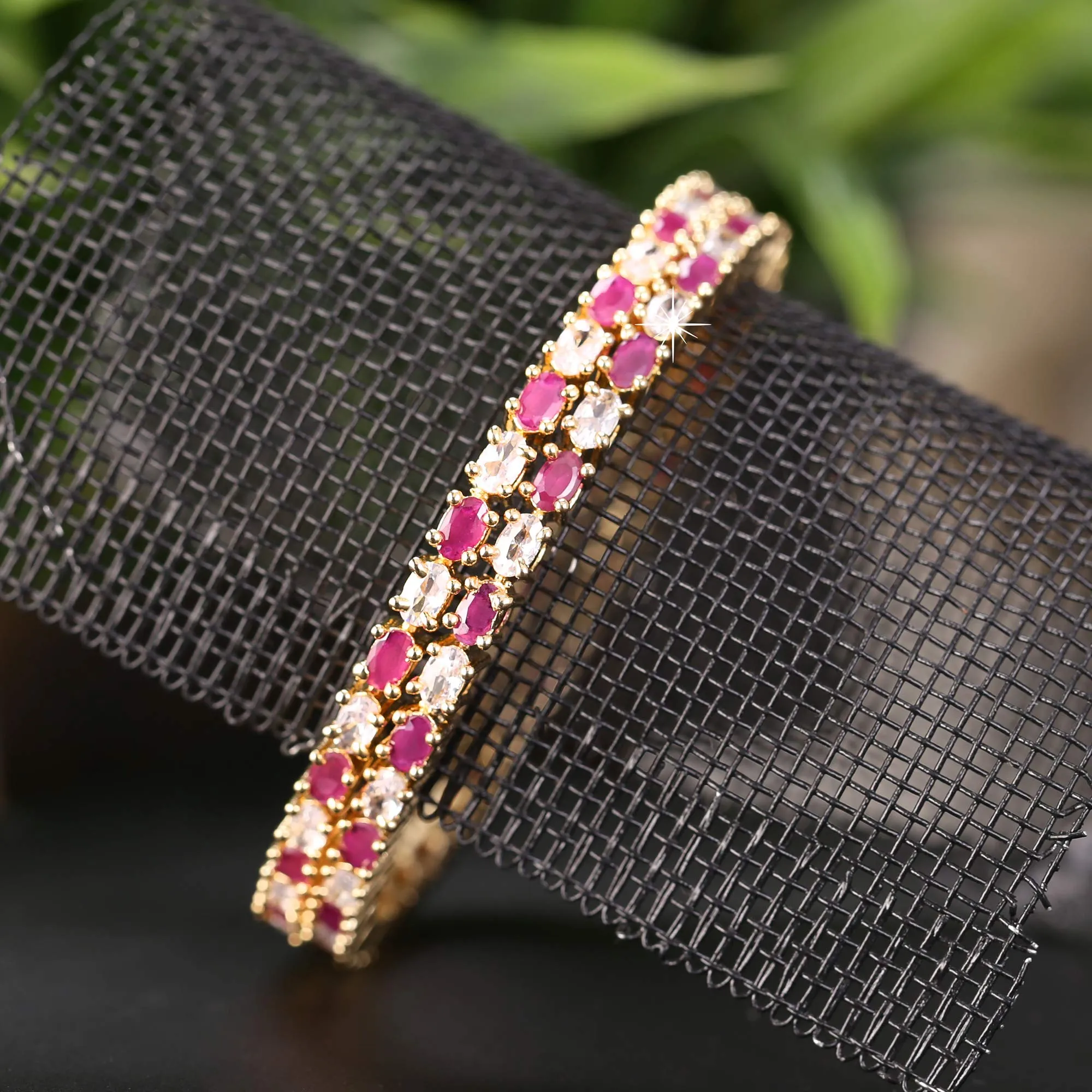 Yellow Chimes Elegant Pink AD/American Diamond Studded 18k Gold Plated Designer Handcrafted 2 PCs Bangles Set for Women & Girls (2.8)